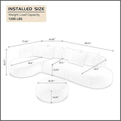 WILLIAMSPACE 134.63" Oversize Curved Sofa Cloud Couch with Round Chaise & Ottoman, Modern Upholstered Curved Sectional Sofa Couch with 6 Pillows for Living Room, No Assembly (Left-Facing,Cream White)