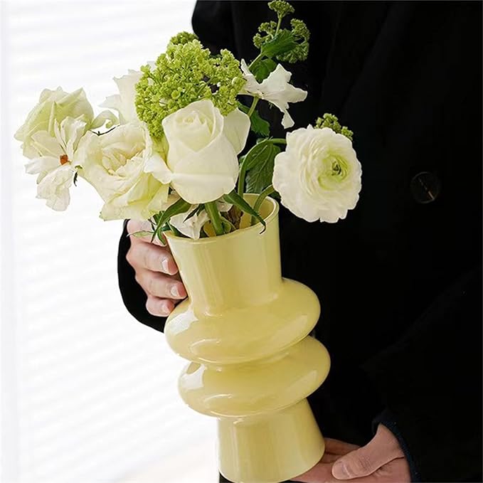 JSPYFITS Modern Glass Vases, 7.87" Tall Four-Layer Glass Vase Bubble Flower Vases Decorative for Home Décor, Decorative Milky Yellow Glasses Table Vase for Wedding Housewarming Gift