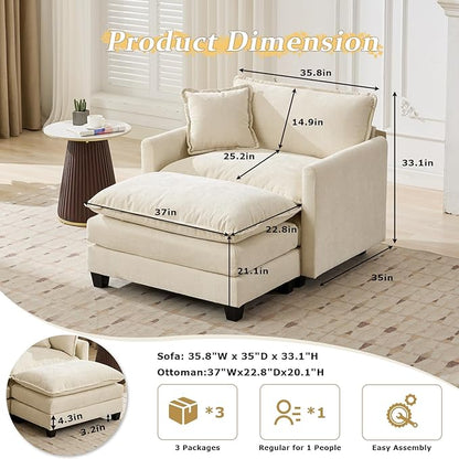 SoarFlash Chenille Sectional Sofa, Comfy Modular Single Sofa with Ottoman, Modern Recliner Deep Seat Sofa Set for Living Room,Beige