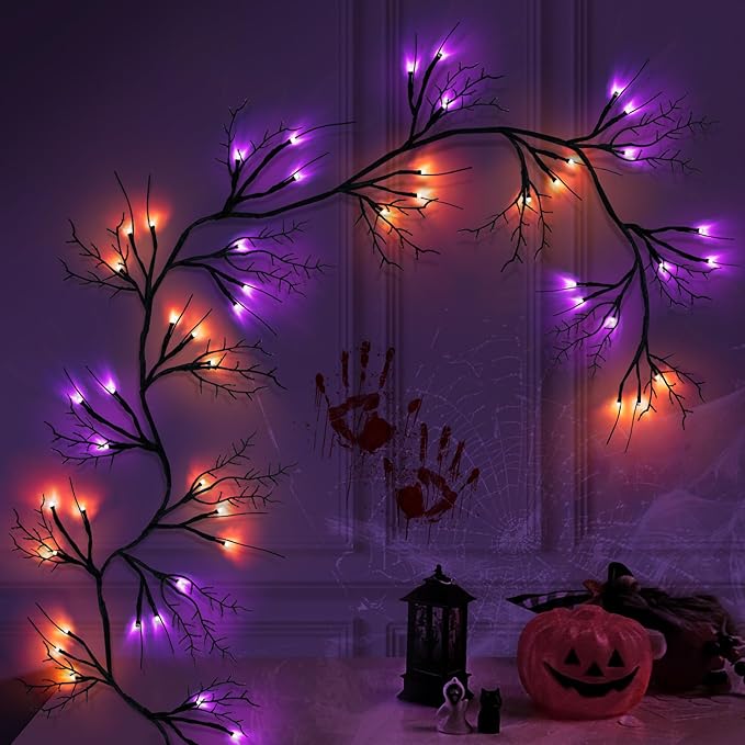 6 Ft 54 LED Halloween Willow Vine Twig Decor Garland with 8 Modes Timer Orange & Purple Lights Waterproof Battery Operated Halloween Decorations for Home Bedroom Wall Fireplace Mantle Decor