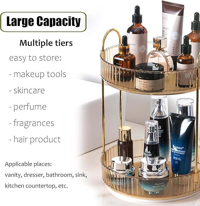 Rotating Makeup Organizer Countertop 2 Tier Lazy Susan Clear Skincare Perfume Storage for Bathroom Counter Vanity, Amber Gold