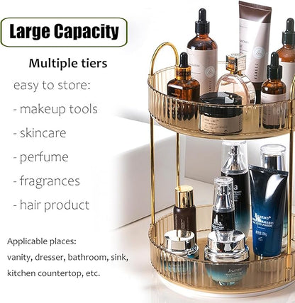 Rotating Makeup Organizer Countertop 2 Tier Lazy Susan Clear Skincare Perfume Storage for Bathroom Counter Vanity, Amber Gold