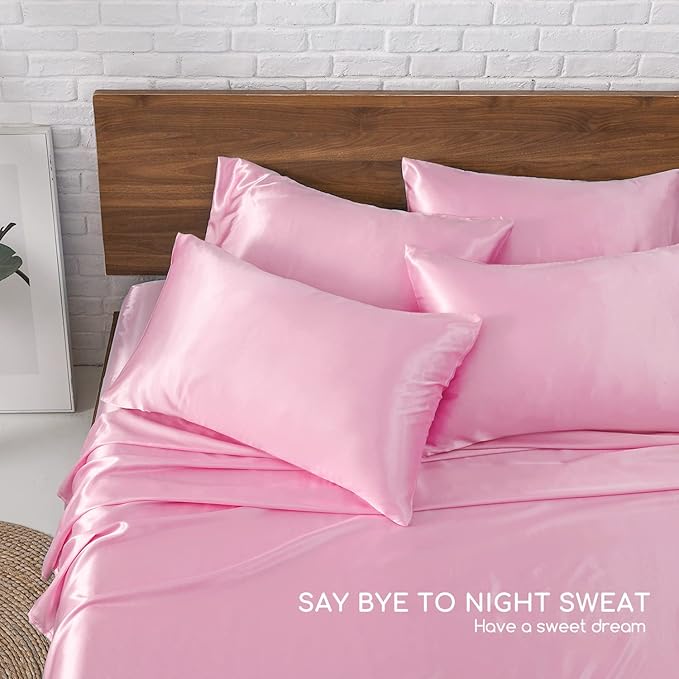 MR&HM Satin Bed Sheets, King Size Sheets Set, 6 Pcs Silky Bedding Set with 15 Inches Deep Pocket for Mattress (King, Pink)