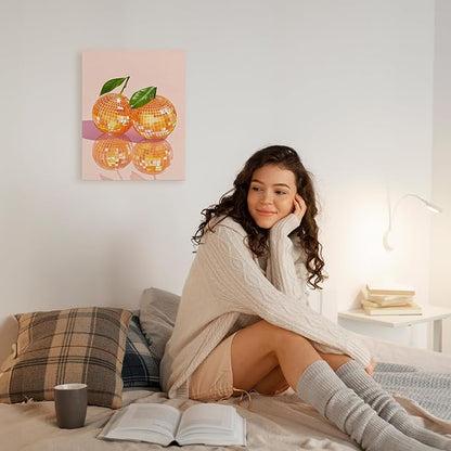 APJYM Funky Y2K Disco Ball Orange Wall Art, Trendy Retro 70s Preppy Pink Girly Orange Aesthetic Canvas Wall Art for Girls Room Bedroom Dorm Apartment Decor, 11x14 Inches Framed