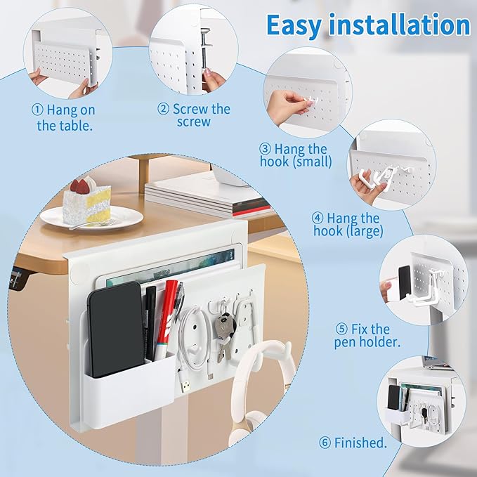 Desk Side Storage with Pen Holder & Hanging Hooks, No Drill Hanging Desk Organizer Under Desk Storage Mount, Clamp-On Laptop Holder Table Side for Office and Home (White)