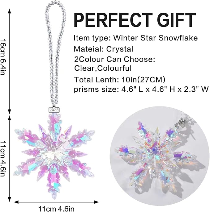 2025 Annual Edition Snowflake Crystal Christmas Ornament, Large Crystal Ornaments Display Winter House Decor with Gift Box (Colourful B)