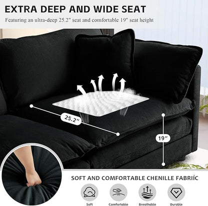 SoarFlash Chenille Sectional Sofa, Comfy L/U Shaped Modular Coush Sofa with Ottoman, Modern 4 Seat Couch Deep Seat Sofa Set for Living Room,Black