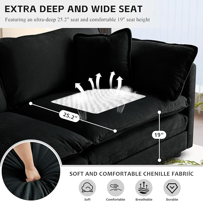 SoarFlash Chenille Sectional Sofa, Comfy Modular Loveseat Sofa, Modern 3-Seat Couch Deep Seat Sofa Set for Living Room,Black