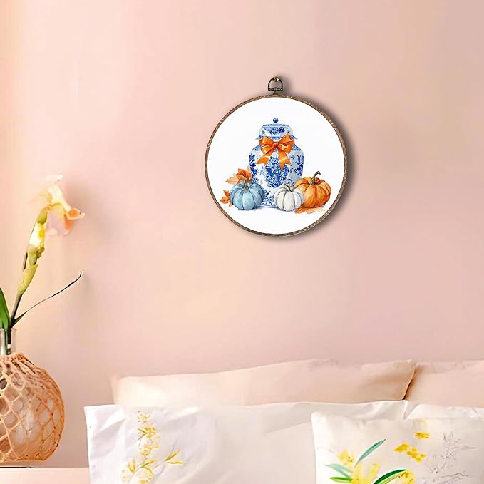 Hxlac Chinoiserie Pumpkin Fall Round Wall Art Framed, Blue and White Porcelain Pumpkin Round Wall Decor, Coquette Bow Chinoiserie Hanging Canvas Prints Wall Sculptures for Home Room Decor, 10x10 Inch
