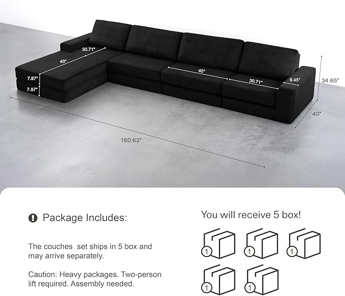 120.47‘’ Boneless Couch Cloud Modular Sectional Couches for Living Room, Oversize L-Shape Sofa with Deep Seat, Plush Corduroy 3-Seater with Ottoman, No Assembly Required