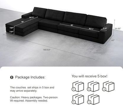 120.47‘’ Boneless Couch Cloud Modular Sectional Couches for Living Room, Oversize L-Shape Sofa with Deep Seat, Plush Corduroy 3-Seater with Ottoman, No Assembly Required