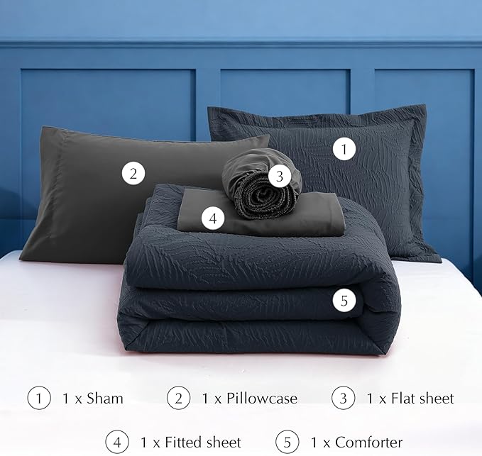 Geniospin Twin Comforter Set - 5 Pieces Blue Gray Textured Bed in Bag, Twin Bedding Sets with Comforter, Sheets, Pillowcases & Shams，All Season Blue Gray Bedding