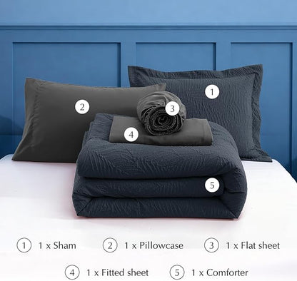 Geniospin Twin Comforter Set - 5 Pieces Blue Gray Textured Bed in Bag, Twin Bedding Sets with Comforter, Sheets, Pillowcases & Shams，All Season Blue Gray Bedding