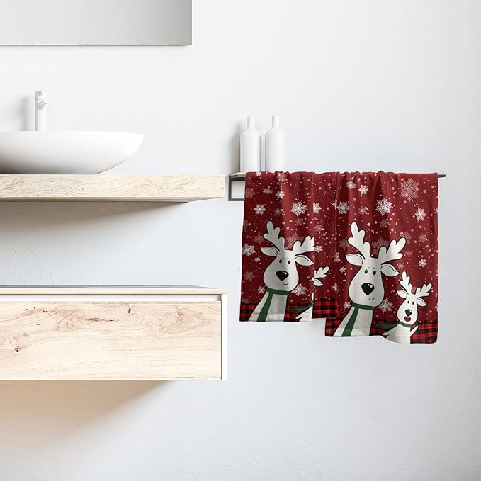 Christmas Deer Hand Towels Set of 2 Red Plaid Moose Elk Snowflake Holiday 16x24
