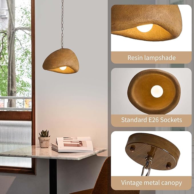 Wabi Sabi Pendant Light Kitchen Island 11.8in Brown Dining Room Lights Fixture Rustic Chandelier Japanese Style Hanging Ceiling Lighting for Bedroom Restaurant Living Room Hallway Foyer