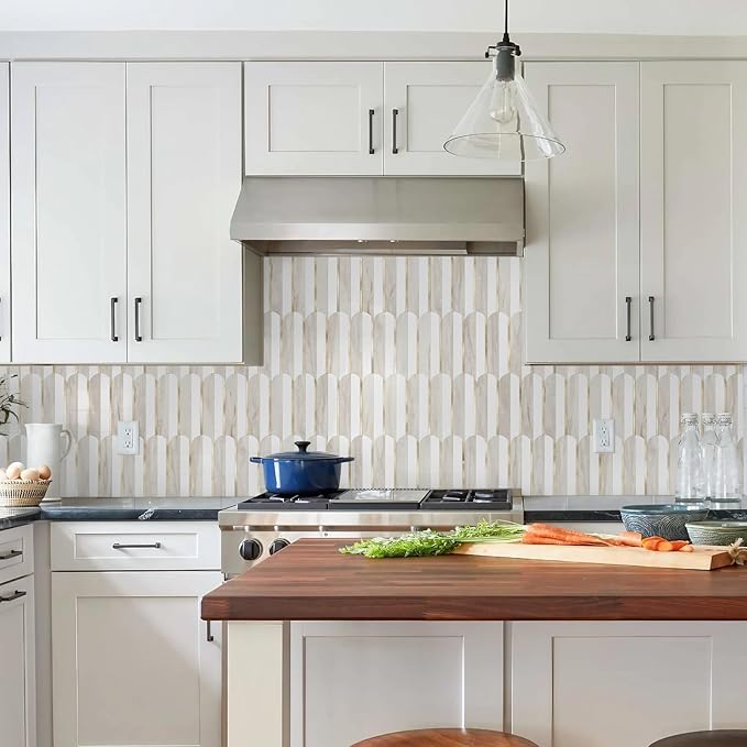 Vamos Tile Peel and Stick Backsplash Seamless Tile for Kitchen and Bathroom,White and Glossy Wooden Marble PVC Mixed Light Gold Self Adhesive Fish Scale Metal Mosaic Tiles (10 Sheets)