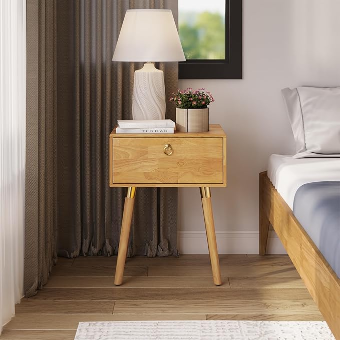 Bme Alden Wood Nightstand, Solid Wood End Table, Mid Century Modern Nightstand, Side Table with 1 Drawer, Compact for Bedroom, Living Room & Study Room, Easy Assembly, Light Natural