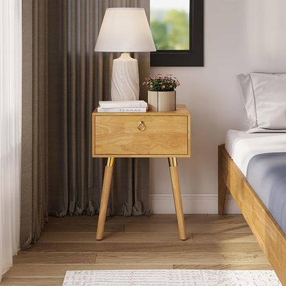 Bme Alden Wood Nightstand, Solid Wood End Table, Mid Century Modern Nightstand, Side Table with 1 Drawer, Compact for Bedroom, Living Room & Study Room, Easy Assembly, Light Natural