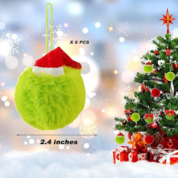 12 Pack Lime Green Furry Christmas Ball Ornaments with Santa Hat, 2.36 Inches Soft Fluffy-Pom-Pom Xmas Tree Hanging Decor for Holiday Home Party Fireplace Wall Decoration(Santa Hat)