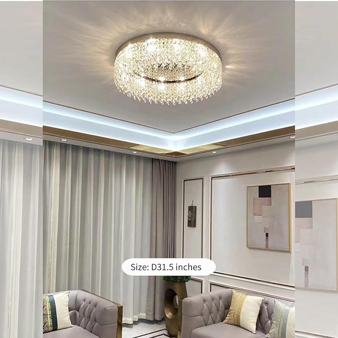 Modern Gold Crystal Ceiling Light Chandelier 31.5in Raindrop Crystal Chandelier Large Flush Mount Light Fixtures for Living Room Dining Room Bedroom