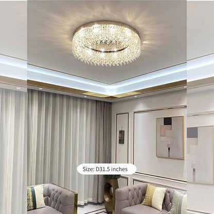Modern Gold Crystal Ceiling Light Chandelier 31.5in Raindrop Crystal Chandelier Large Flush Mount Light Fixtures for Living Room Dining Room Bedroom