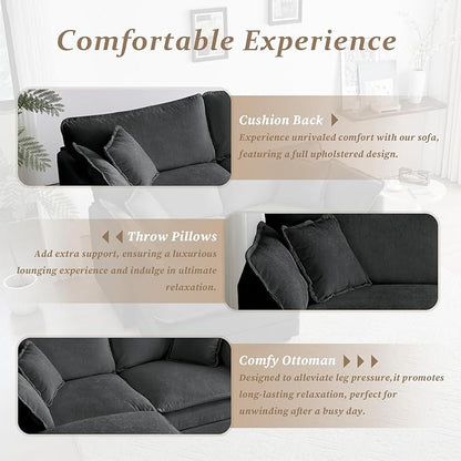 SoarFlash Chenille Sectional Sofa, Comfy L Shaped Modular Coush Sofa with Ottoman, Modern 2 Seat Couch Deep Seat Sofa Set for Living Room,Grey