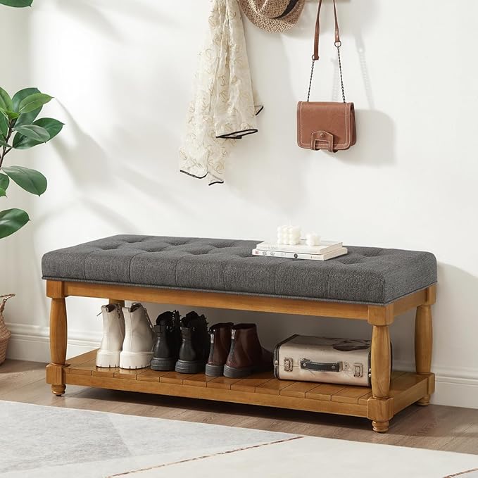 24KF Large Rectangular Upholstered Tufted Bed Bench, Linen Fabric Storage Ottoman Bench for Living Room, Padded Entryway Bench with Solid Wood Shelf,5098-Granite