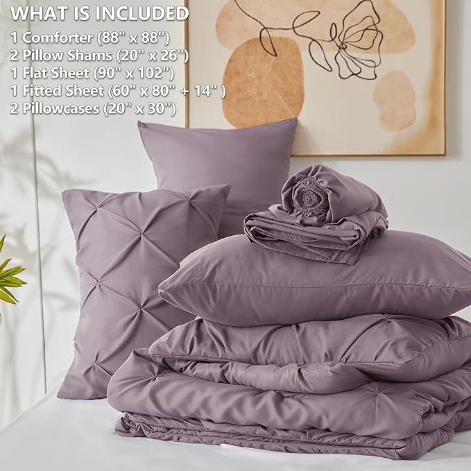 CozyLux Queen Comforter Set Grayish Purple, 7 Pieces Pintuck Bed in A Bag, Premium Purple Comforter Queen Size, Pinch Pleat Bedding Sets with Comforter, Sheets, Pillowcases & Shams