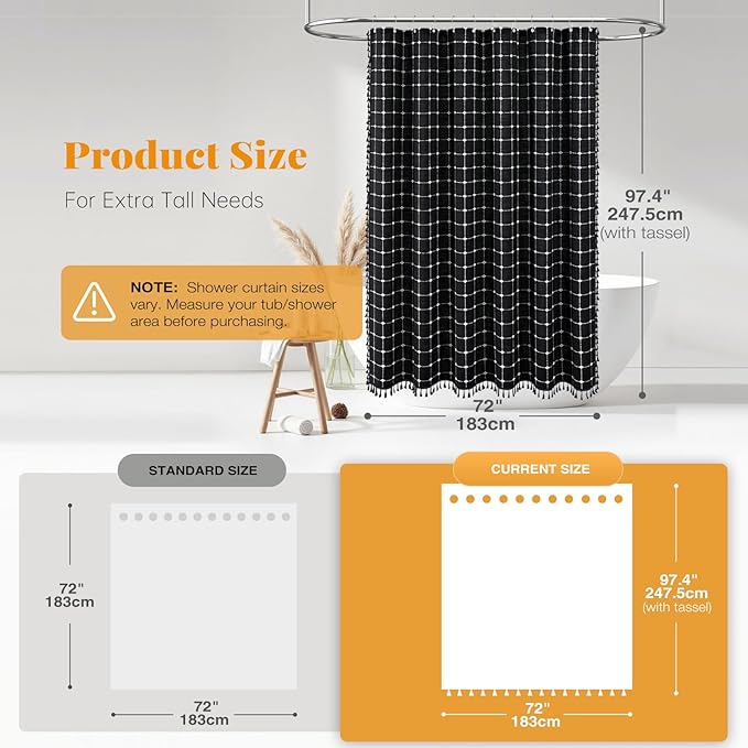 BTTN Extra Long Shower Curtain - 72x96 Inch Long Boho Linen Fabric Heavy Duty Shower Curtain Set with Plastic Hooks, Tall Farmhouse Aesthetic Cute Tassel Shower Curtains for Bathroom, Black and White