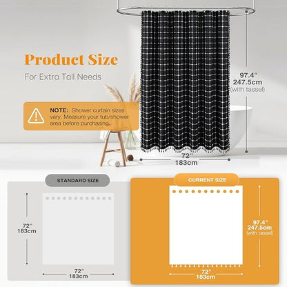 BTTN Extra Long Shower Curtain - 72x96 Inch Long Boho Linen Fabric Heavy Duty Shower Curtain Set with Plastic Hooks, Tall Farmhouse Aesthetic Cute Tassel Shower Curtains for Bathroom, Black and White
