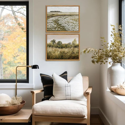 KBKBART Framed Vintage Wall Art Prints, Retro Countryside Flower Field Nature Wilderness Canvas Painting Farmhouse Decor Wall Art, Rustic Landscape Wall Decor for Bathroom, Bedroom Living Room,