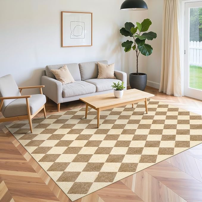 LIVEBOX 5x7 Checkered Rugs for Living Room, Washable Diamond Rug Non-Slip Modern Neutral Geometric Plaid Area Rugs for Bedroom Boys, Low Pile Farmhouse Carpet for Dinning Room Classroom, Brown