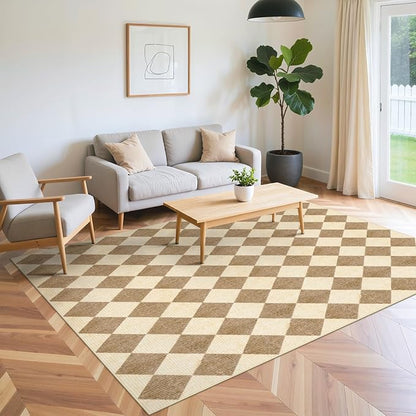 LIVEBOX 5x7 Checkered Rugs for Living Room, Washable Diamond Rug Non-Slip Modern Neutral Geometric Plaid Area Rugs for Bedroom Boys, Low Pile Farmhouse Carpet for Dinning Room Classroom, Brown