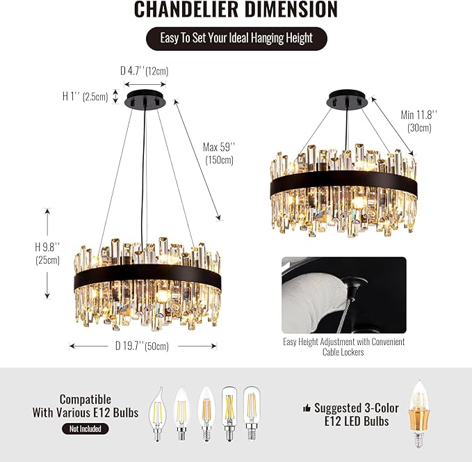 Siljoy Black Crystal Chandelier for Dining Room, Modern 2-Tiers K9 Crystal Raindrop Chandelier 12 Lights Dimmable Farmhouse Pendant Ceiling Light for Living Room Kitchen Island Entry Foyer D19.7''