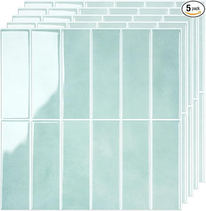 5 Pack Peel and Stick Backsplash Subway Tiles, Extra Thick 3D Wall Panels, Heat & Water Resistant, Easy DIY Kitchen, Bathroom, Laundry, Fireplace & Rental Home Wall Décor (12 x 12 in), Mint