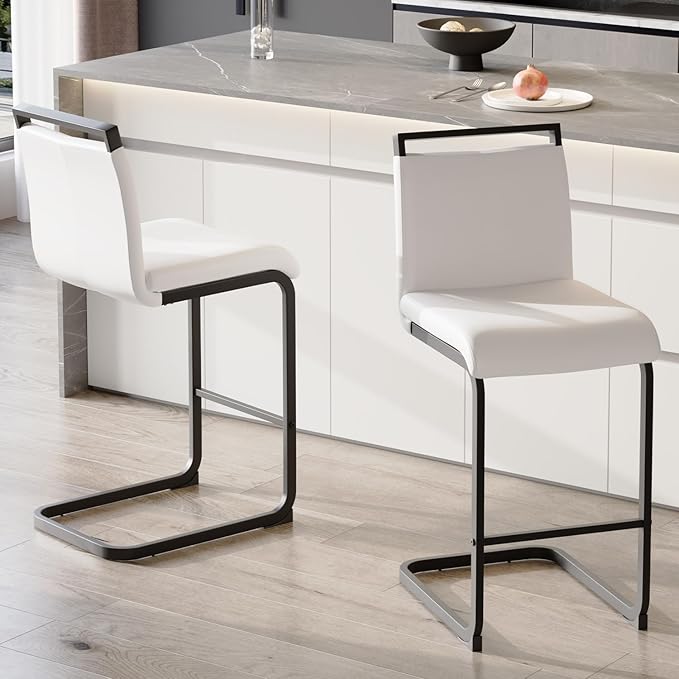 Bar Stools Set of 2,25" Counter Height Bar Stools with Footrest,White Faux Leather Kitchen Stool with Black Painted Metal Leg,Counter Height Stool Ideal for Island Pub Kitchen Counter Dining Chair