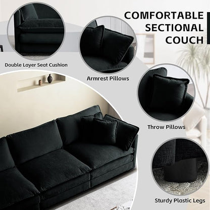 SoarFlash Chenille Sectional Sofa, Comfy Modular Loveseat Sofa, Modern 3-Seat Couch Deep Seat Sofa Set for Living Room,Black