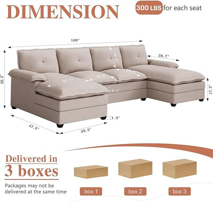 Meilocar U Shaped Sectional Sofa 4 Seat Cloud Couch Double Wide Chaise, Beige