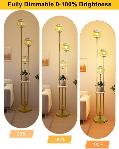 Glass Floor Lamp with Table, Gold Tall Standing Lamps Dimmable, 3000K Warmwhite Mid Century Modern Floor Lamp for Living Room/Bedroom