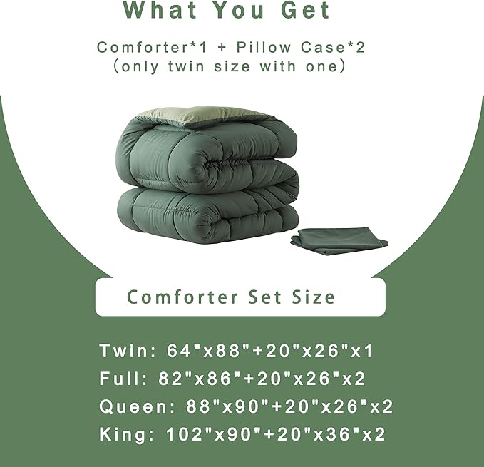 DOWNCOOL Queen Comforter Set -All Season Bedding Comforters Sets with 2 Pillow Cases-3 Pieces Bedding Sets Queen -Down Alternative Double Green Queen Size Comforter Sets(88"x90")