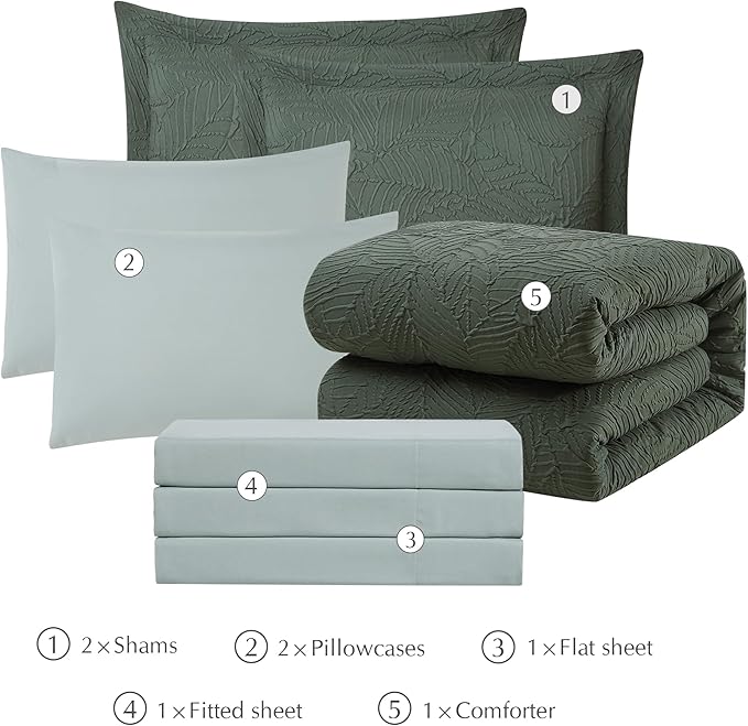 Geniospin Queen Comforter Set - 7 Pieces Dark Green Bedding Set, Botanical Textured Comforter Bed Set, All Season Lightweight Bed in a Bag with Comforter, Sheets, Pillowcases & Shams