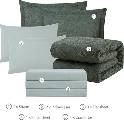 Geniospin Queen Comforter Set - 7 Pieces Dark Green Bedding Set, Botanical Textured Comforter Bed Set, All Season Lightweight Bed in a Bag with Comforter, Sheets, Pillowcases & Shams