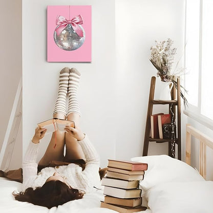 APJYM Pink Coquette Room Decor, Funky Y2K Disco Ball Preppy Wall Art, Preppy Room Decor, Trendy Retro Pink Aesthetic Posters Wall Decor for Teen Girls Bedroom Dorm Apartment Decor, 11x14 Inches Framed