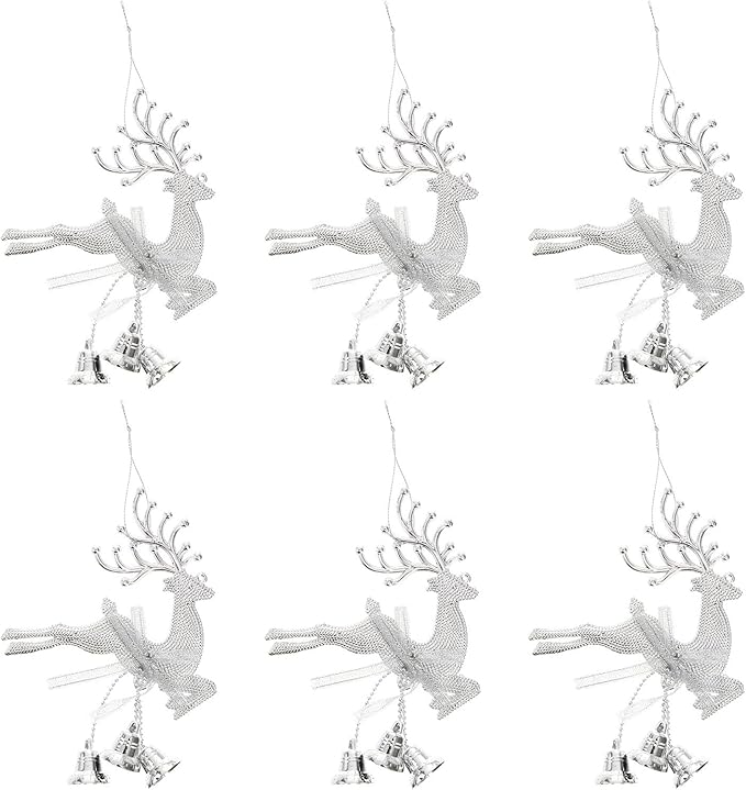 STOBOK Christmas Tree Bell Ornaments Xmas Bell Hollow Reindeer Hanging Decorations Wall Fireplace Window Hanging Christmas Party Supplies 6pcs (Silver)