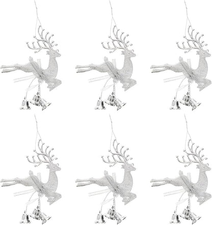 STOBOK Christmas Tree Bell Ornaments Xmas Bell Hollow Reindeer Hanging Decorations Wall Fireplace Window Hanging Christmas Party Supplies 6pcs (Silver)