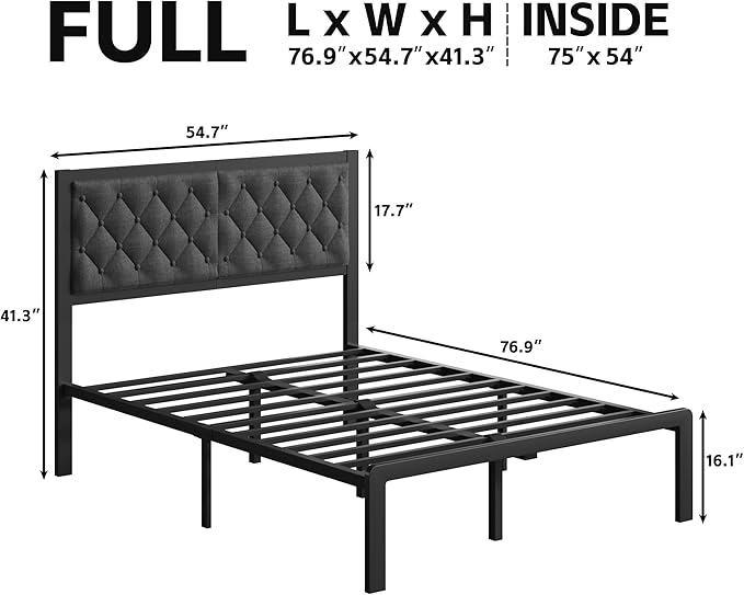 Full Bed Frame with Headboard Linen Upholstered Bed Frame Platform,All Metal Slats Support Platform Bed Frame with Storage Space,Easy Assembly,Noise Free,No Box Spring Needed,Grey