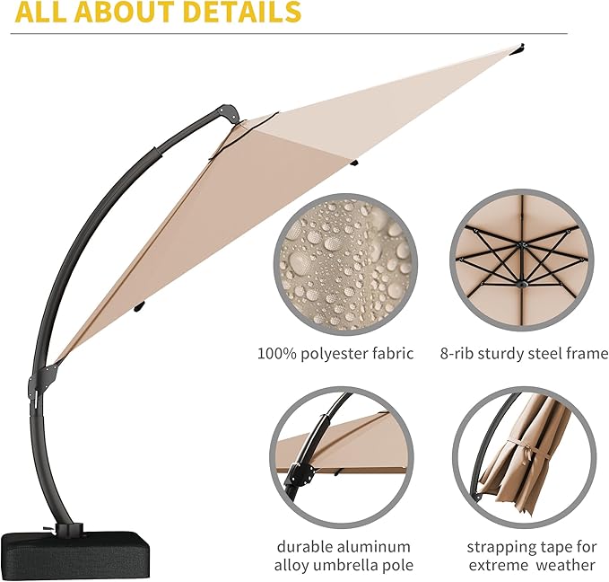 Kingdura 12ft Offset Cantilever Patio Umbrella with Base Included, Large Round Aluminum Outdoor Umbrella, 360° Rotation & Infinite Tilt, Heavy Duty Frame for Deck Pool Backyard, Beige