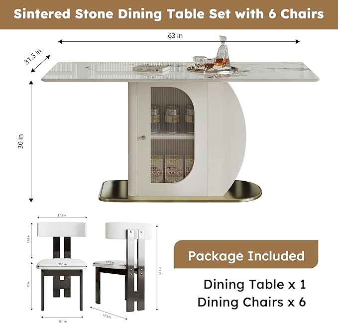 Montary 63" Modern 4-6 Person Dining Table with Storage Cabinet, Artificial Marble Dining Table with Sintered Stone Tabletop & Golden Solid Wood Base, Includes 6 White Velvet Chairs for Kitchen