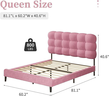 BarnFurin Queen Bed Frame with Soft Teddy Boucle Upholstered Headboard, Platform Bed with Strong Wooden Slats Support, Two Bed Forms Design, No Boxing Spring Needed, Easy Assembly, Pink