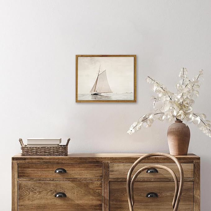 KBKBART Framed Wall Art Muted Sailboat Vintage Wall Decor, Antique Lake House Watercolor Canvas Art Prints Painting, Rustic Farmhouse Wall Art North Prints for Bedroom, Bathroom, Living Room, Gallery, Neutral Wall Decor(8"x10")